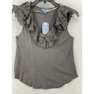NWT Democracy Shirt Sz S Ash Gray Pullover Ruffle Cap Sleeves Lace V-Neck